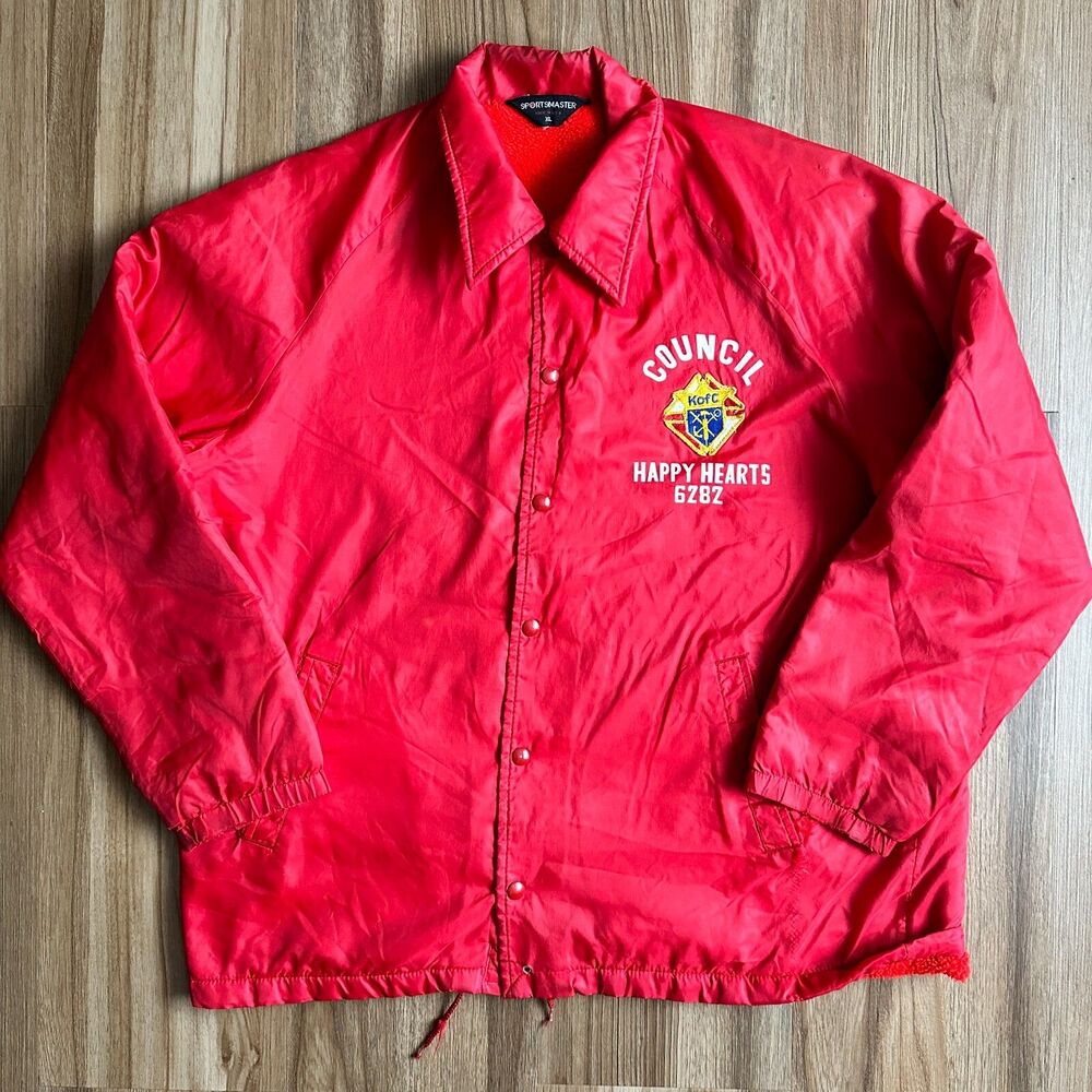Vintage Red Nylon Satin Fleece Coach Council Happy Hearts Jacket Fleece Mens XL